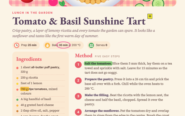 A recipe in the Summer theme with highlighted steps, a ringed baking time and a note.