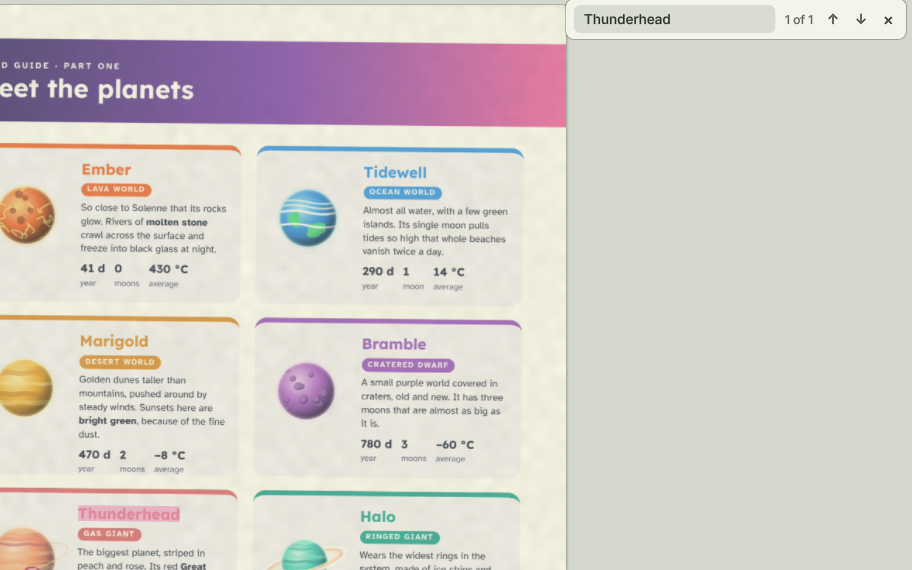 A scanned page of planet cards in the Spring theme, with the word Thunderhead found on the scan.