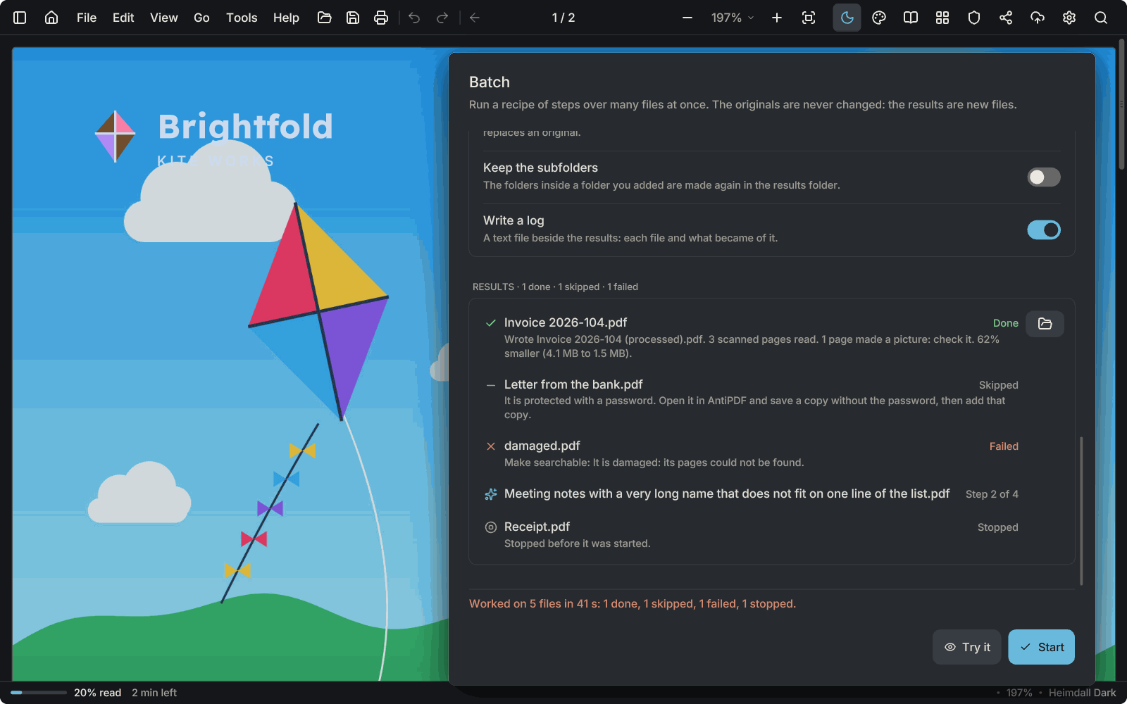 The Batch window after a run, over a kite catalogue: five files, each with its result and a short reason.
