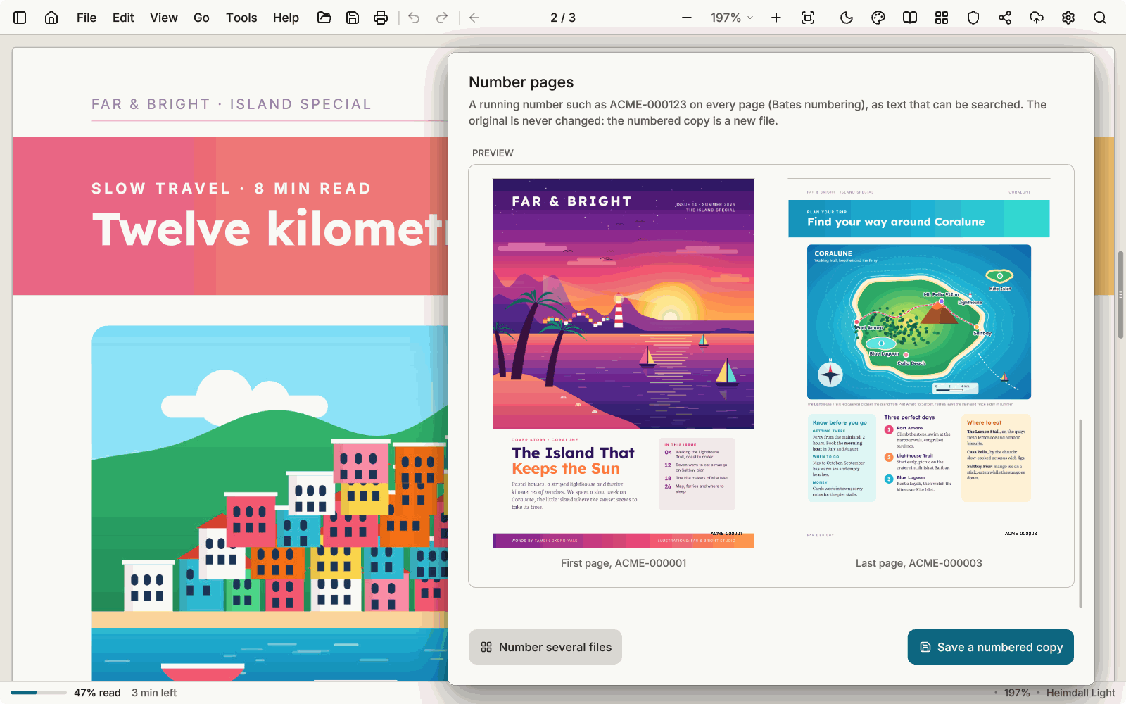 The Number pages window over a travel magazine, with a preview of the first and last page, numbered ACME-000001 and ACME-000003.