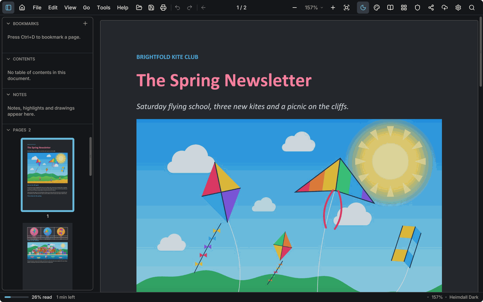 A Word document, a kite club's spring newsletter, open in AntiPDF with its coloured headings and a picture of kites.