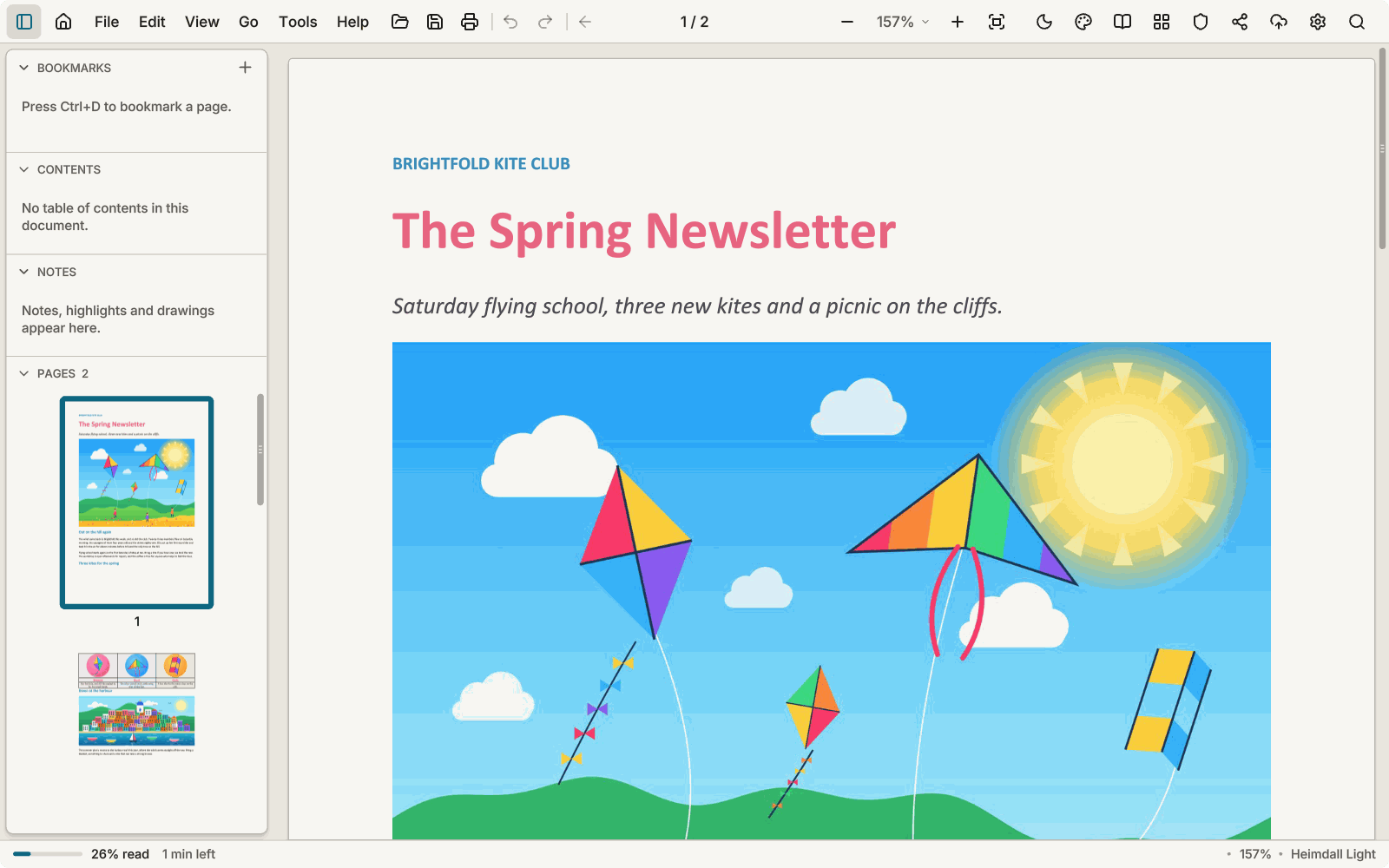 A Word document, a kite club's spring newsletter, open in AntiPDF with its coloured headings and a picture of kites.