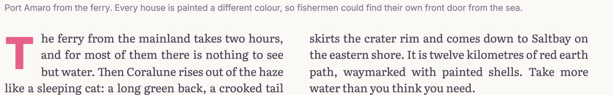 Body text of the travel article seen close at 175 %: crisp letters with smooth edges, a pink drop cap.
