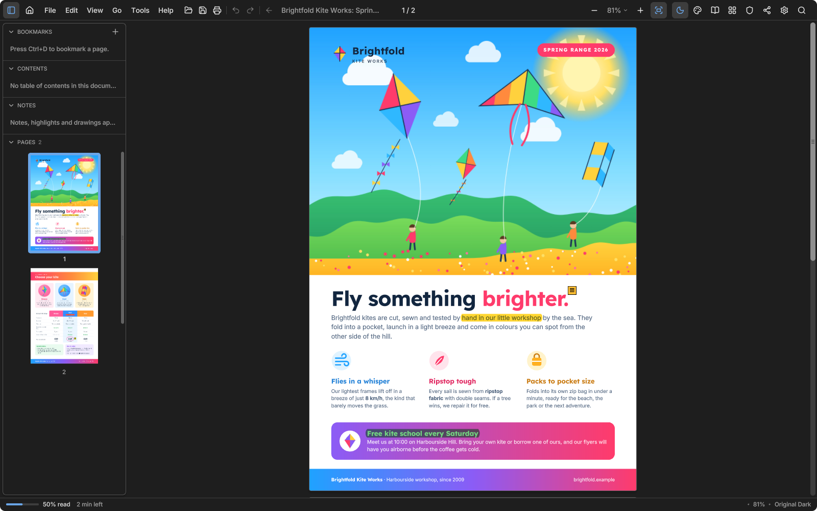The same brochure in the Original Dark theme: the interface is dark and the page keeps its own colors, with the same highlights and note.
