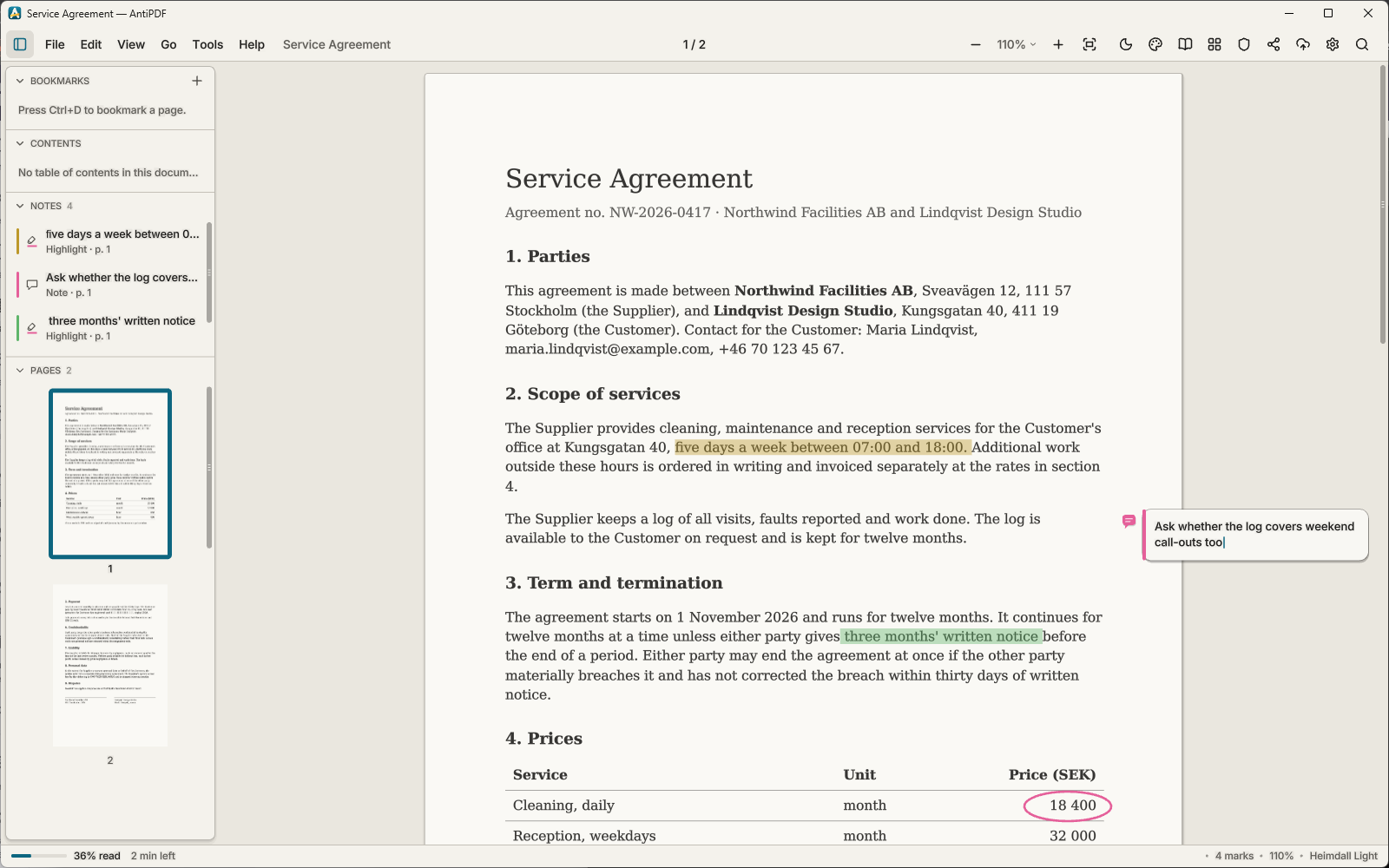 AntiPDF in its light theme: a service agreement with two passages highlighted in yellow and green, a note beside a paragraph and a price ringed in pink. The notes are listed in the side panel.