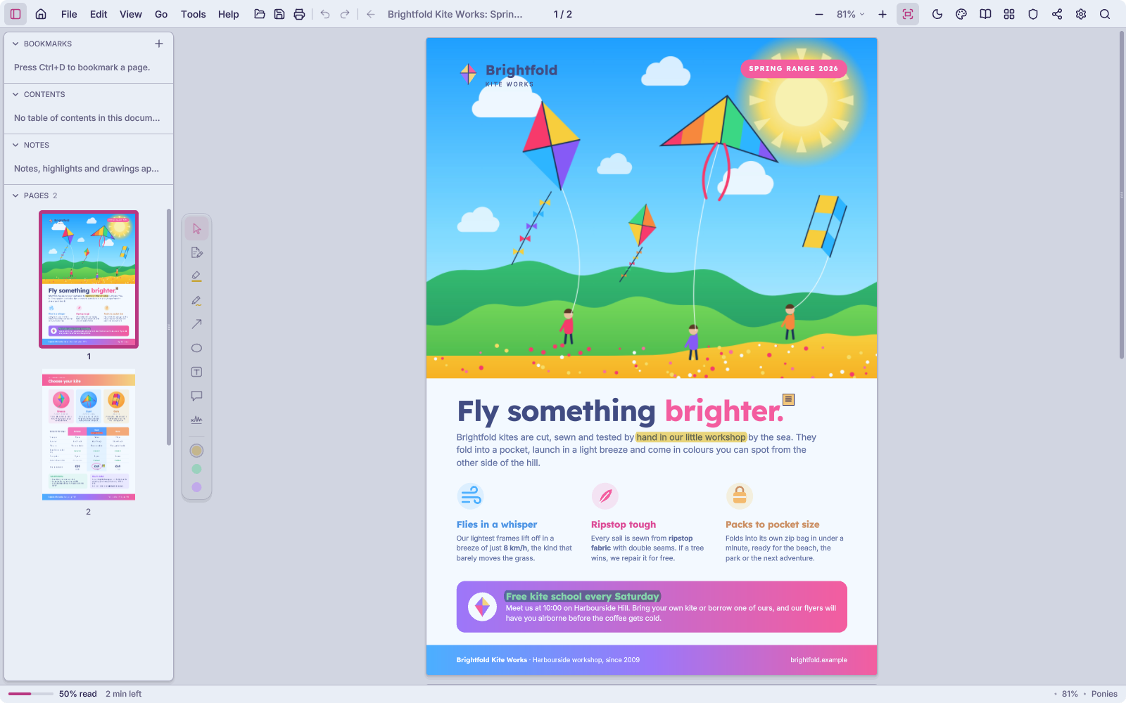 AntiPDF in its Ponies theme: a bright kite-shop brochure with two passages highlighted in yellow and green and a note beside the headline; the pages are listed in the side panel.