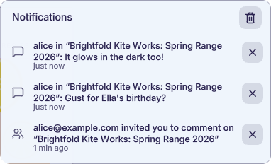 The bell's notifications: two chat messages from Alice and her invitation to comment on the kite brochure.
