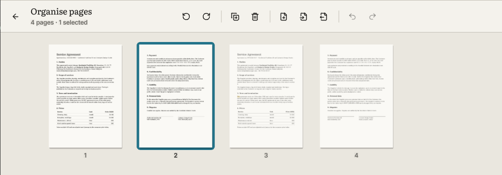 Organise pages: four page tiles of the agreement and its scanned copy, with buttons to rotate, duplicate, delete, insert, extract, undo and redo.
