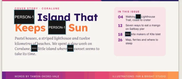 Names on a magazine page blacked out.