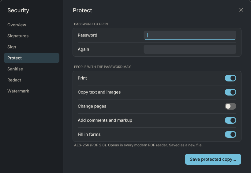 The Protect tab: a password to open, and switches for what people with the password may do: print, copy, change pages, comment, fill in forms.