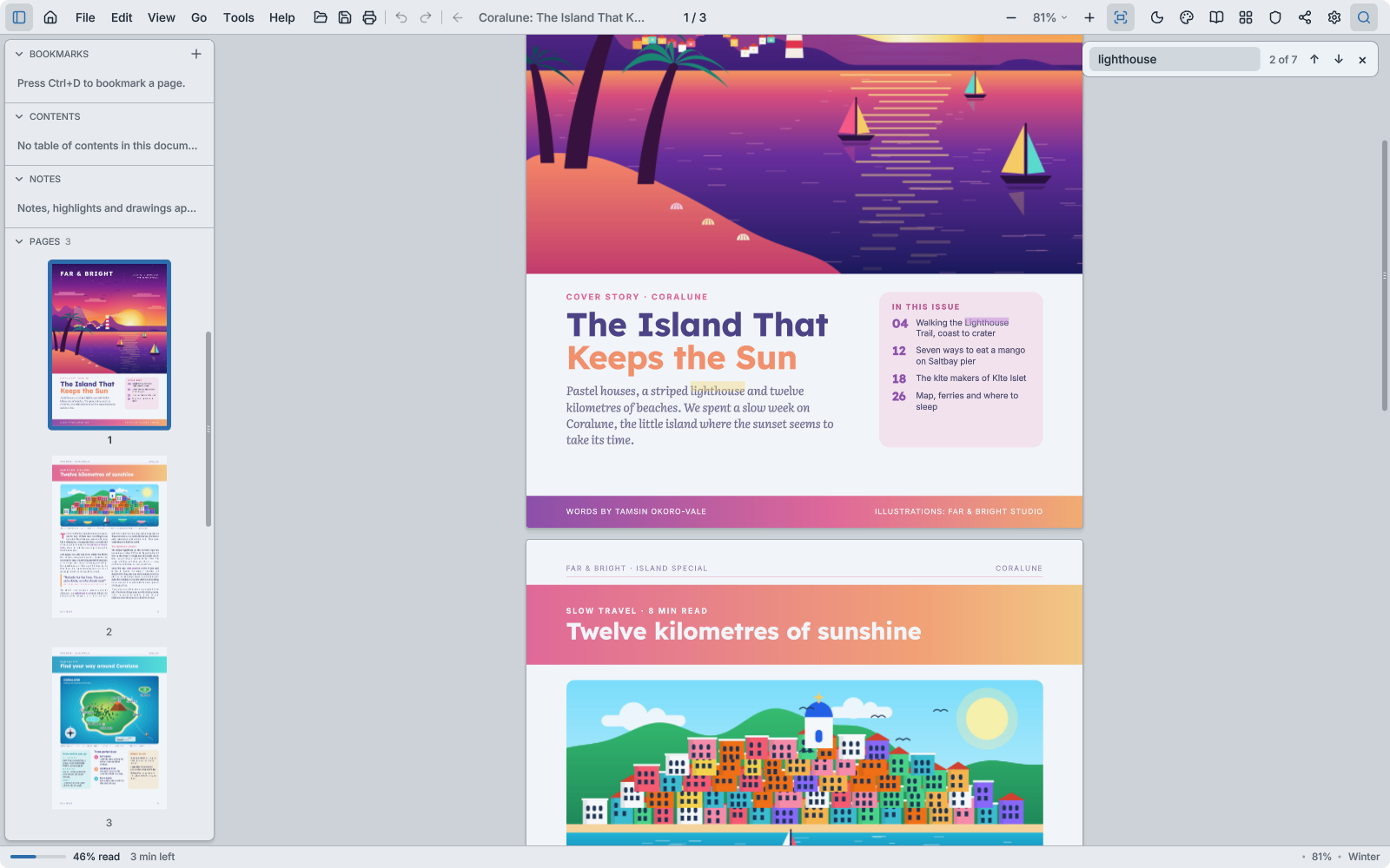 An island travel magazine in the light Winter theme, searched for the word lighthouse: every match is marked on the page, the search box says 2 of 7, and the side panel shows the pages as thumbnails.