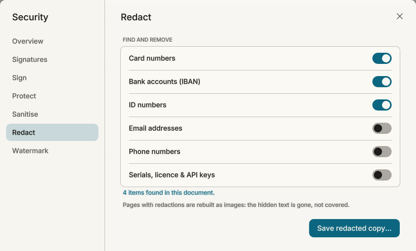 The Redact tab: switches for card numbers, bank accounts, ID numbers, e-mail addresses, phone numbers and keys, with 4 items found in this document.