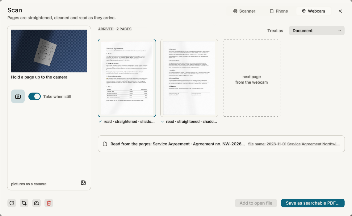 The Scan window: two photographed pages of the agreement, straightened and read, a webcam preview on the left and the suggested file name 2026-11-01 Service Agreement Northwind below.