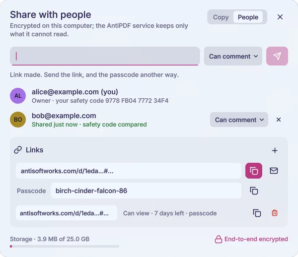 The Share with people panel: end-to-end encrypted.