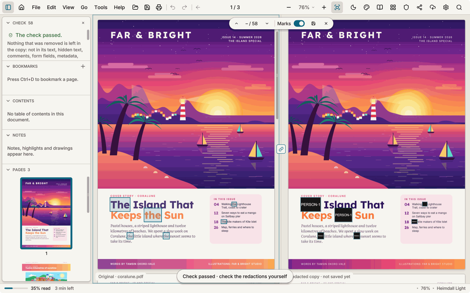 The redaction check in Heimdall: the original magazine cover and the redacted copy side by side, the found words painted out in black and the check passed.