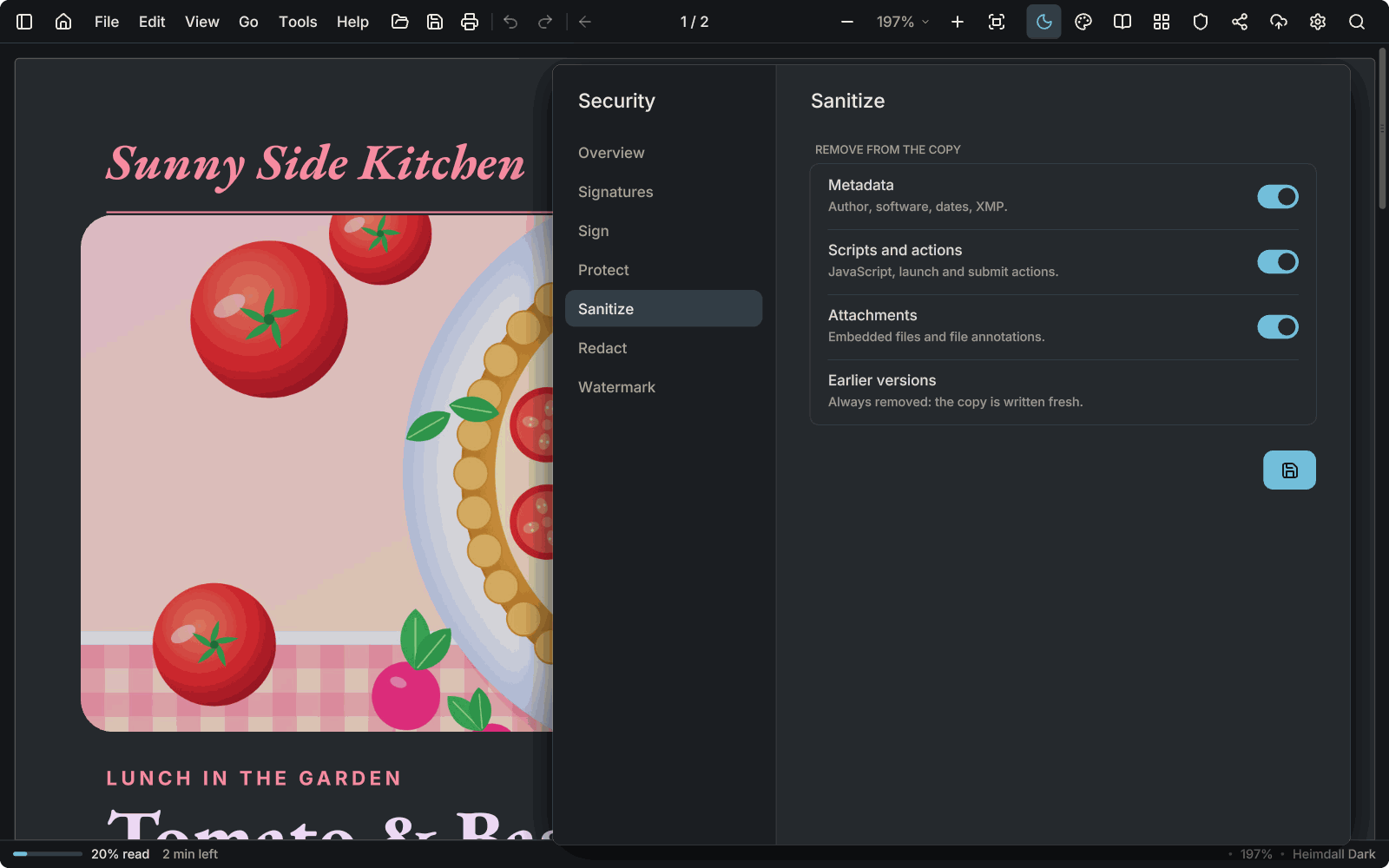 The Sanitize tab of the Security window over a recipe page: remove metadata, scripts and actions, and attachments; earlier versions are always removed.