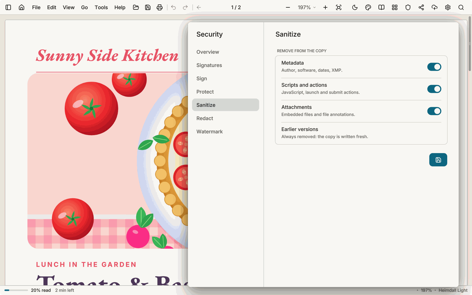 The Sanitize tab of the Security window over a recipe page: remove metadata, scripts and actions, and attachments; earlier versions are always removed.