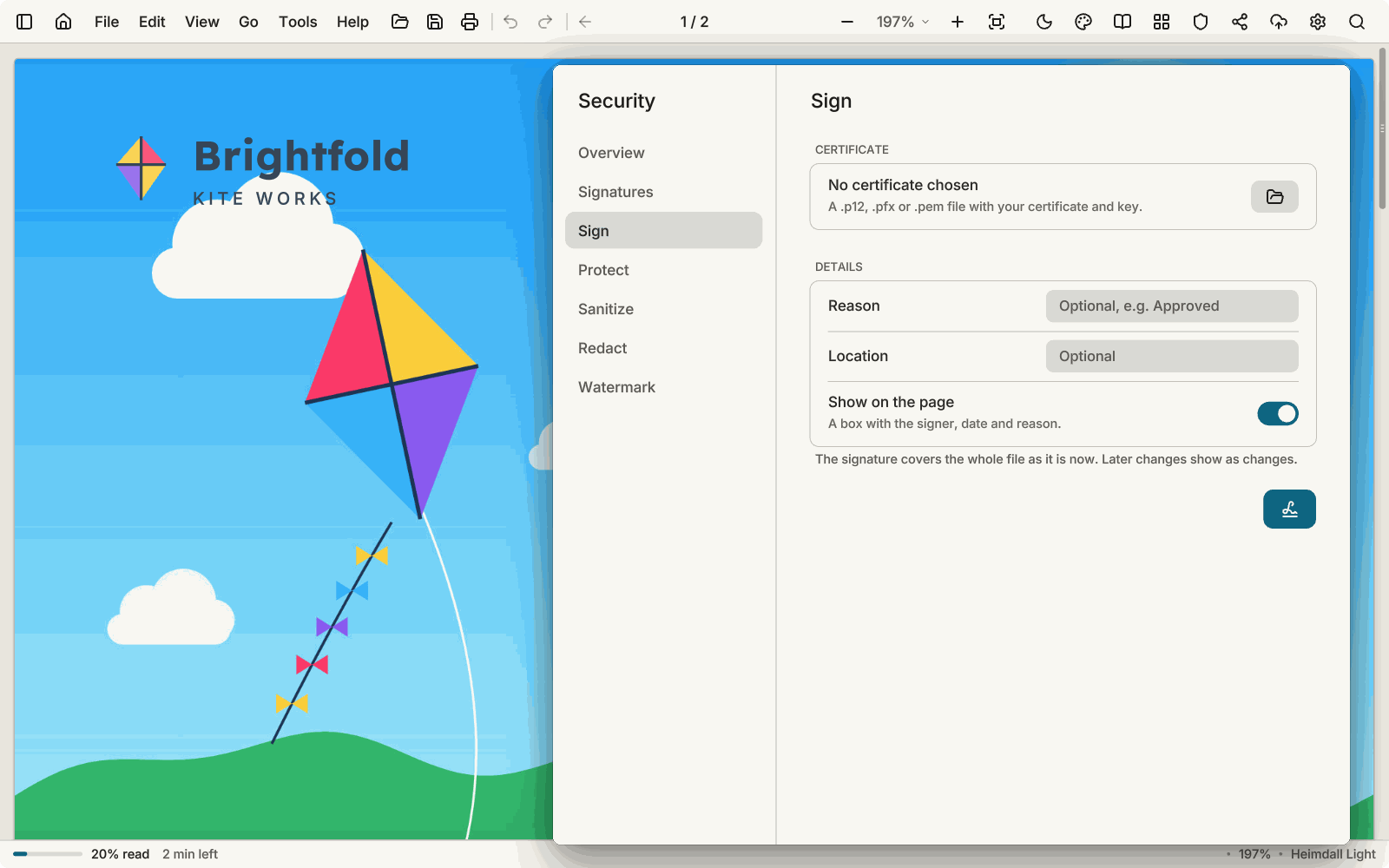 The Sign tab of the Security window over a kite catalogue: a certificate file, an optional reason and location, and a box on the page.