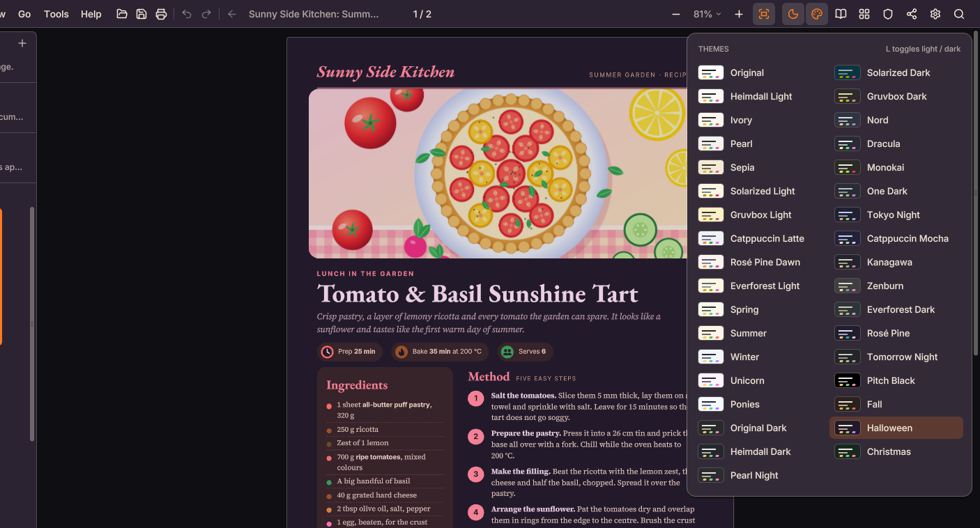A recipe page in AntiPDF's Halloween theme: the paper has become a deep plum and the text is light, while the illustration of a tomato tart keeps its own colors. The theme palette beside it lists the themes.