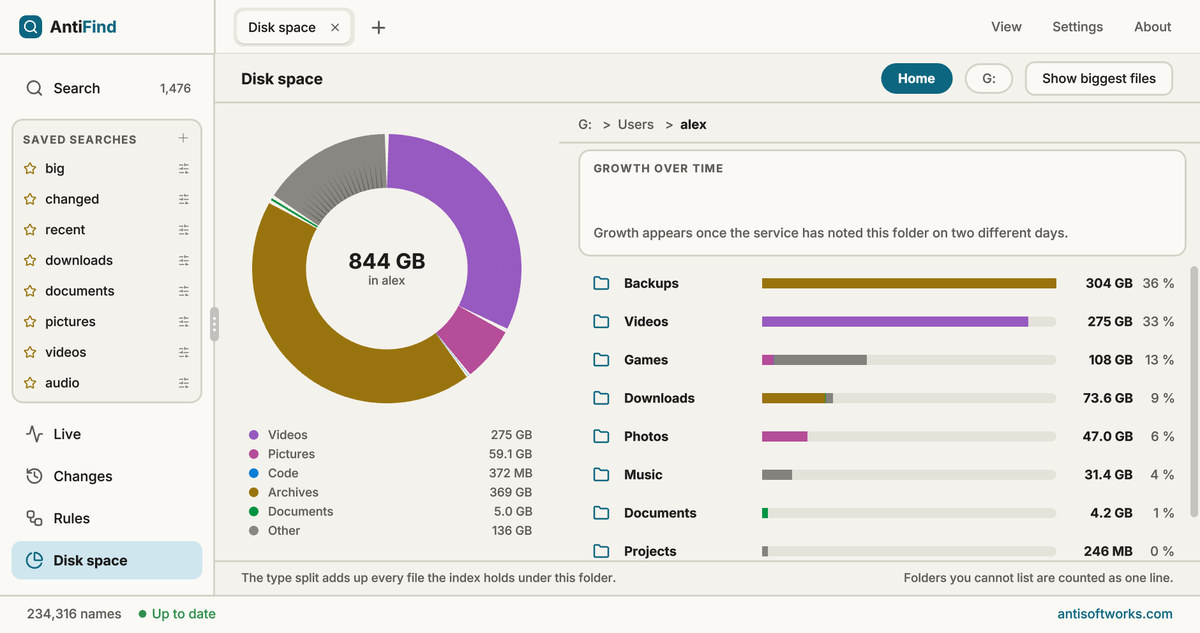 AntiFind Disk space, light theme