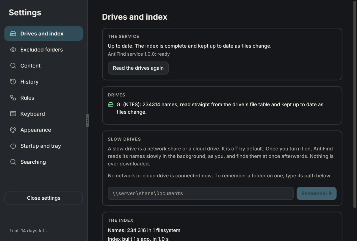 AntiFind Drives and index, dark theme