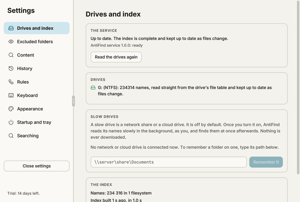 AntiFind Drives and index, light theme