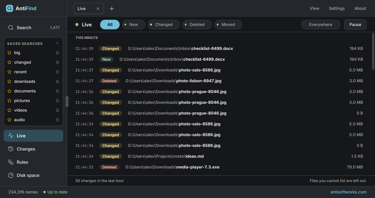 AntiFind Live, dark theme