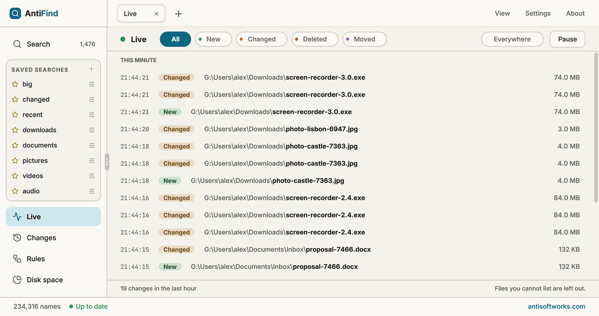 AntiFind Live, light theme