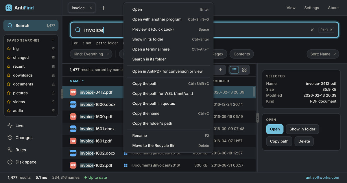 AntiFind result menu, dark theme