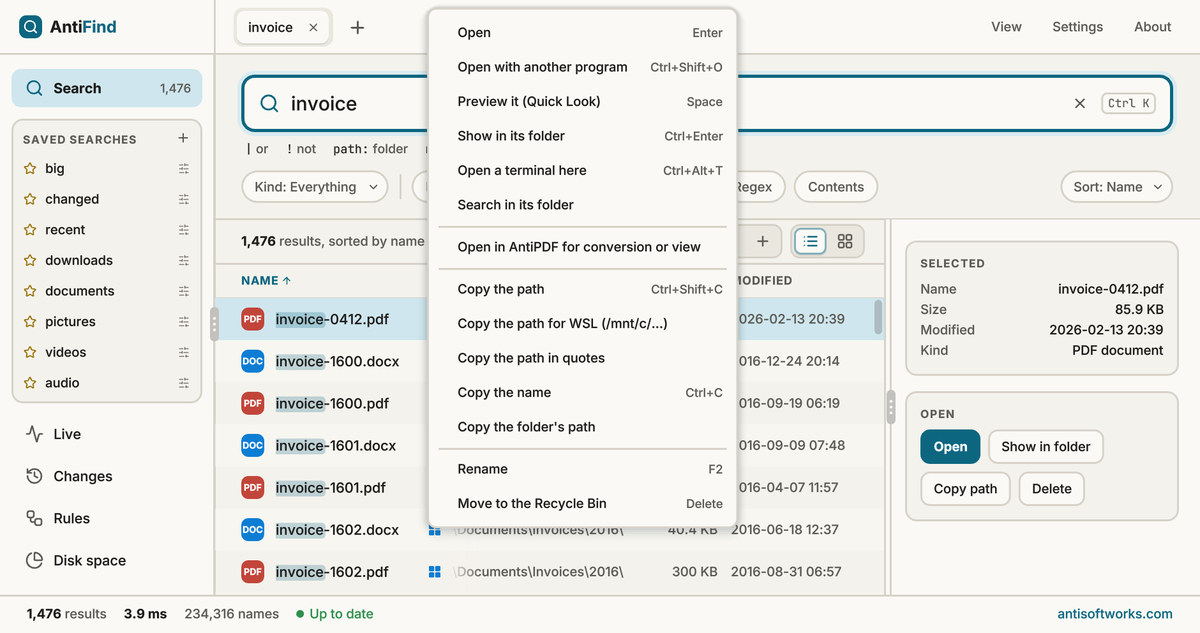 AntiFind result menu, light theme