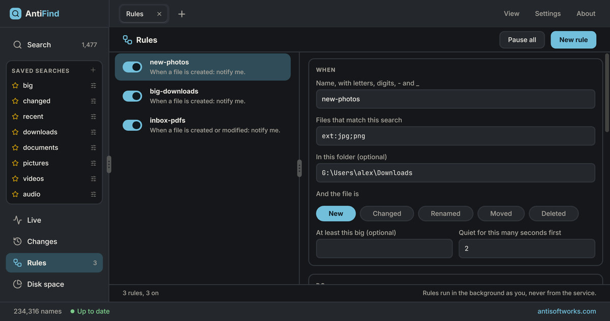 AntiFind Rules, dark theme
