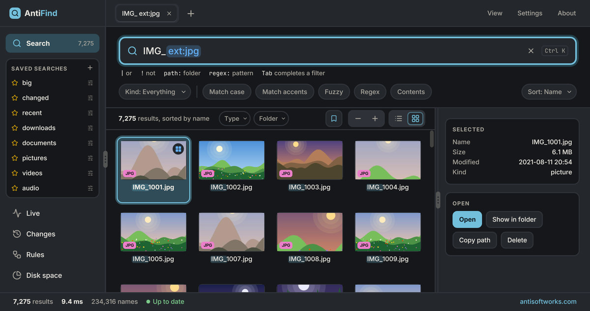 AntiFind Search and saved searches, dark theme